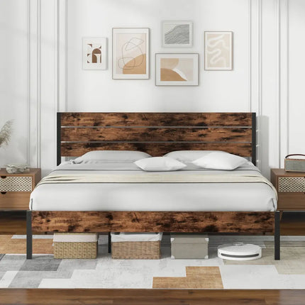 Full/King/Queen/Twin Size Bed Frame with High Headboard and Mute Bar-King Size - Rustic Brown - Simple Bed Frame