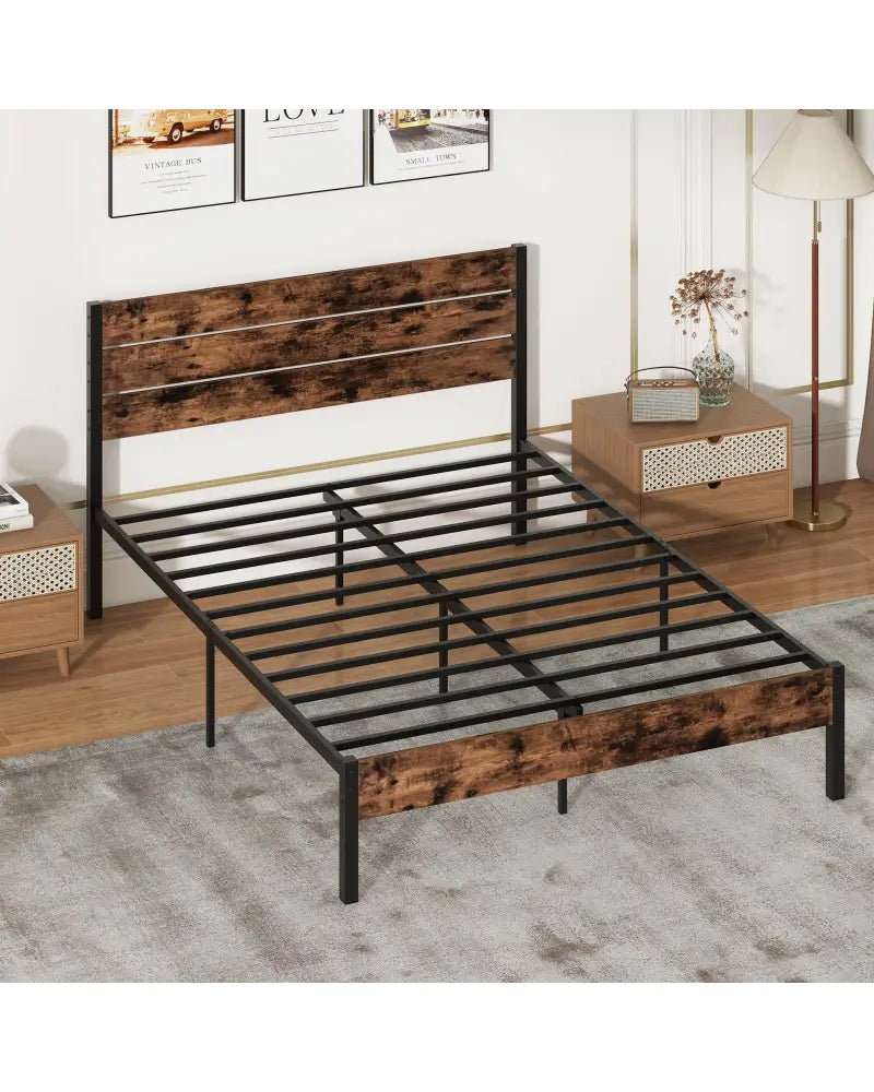 Full/King/Queen/Twin Size Bed Frame with High Headboard and Mute Bar-Queen Size - Rustic Brown - Simple Bed Frame