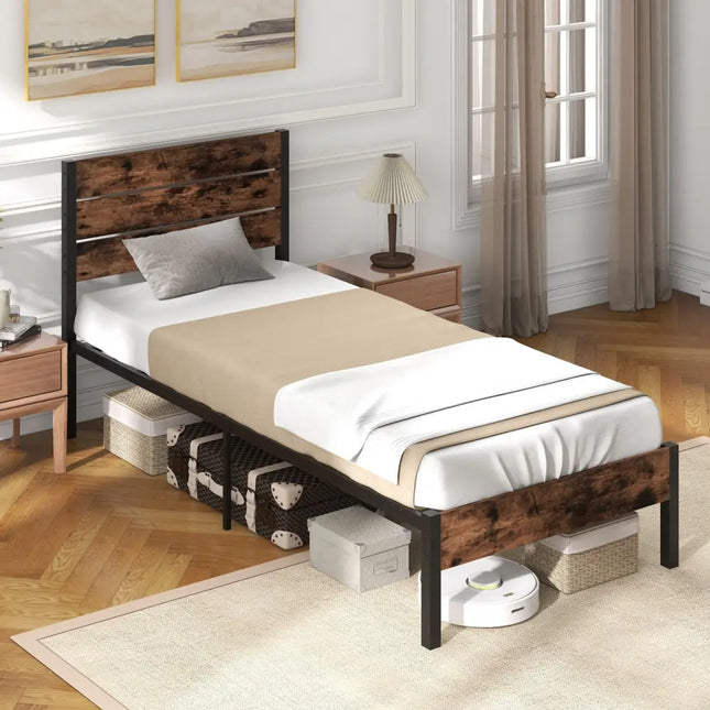 Full/King/Queen/Twin Size Bed Frame with High Headboard and Mute Bar-Twin Size - Rustic Brown - Simple Bed Frame