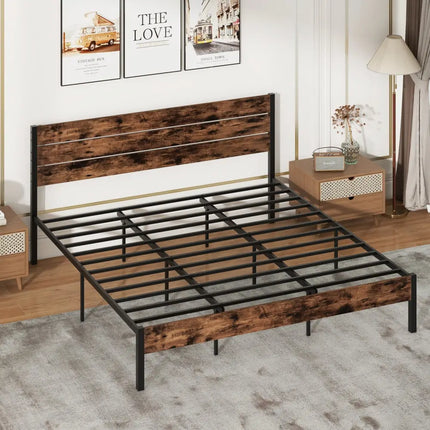 Full/King/Queen/Twin Size Bed Frame with High Headboard and Mute Bar-King Size - Rustic Brown - Simple Bed Frame