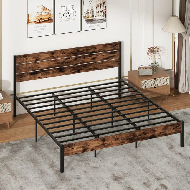 Full/King/Queen/Twin Size Bed Frame with High Headboard and Mute Bar-King Size - Rustic Brown - Simple Bed Frame