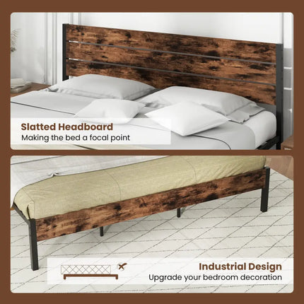 Full/King/Queen/Twin Size Bed Frame with High Headboard and Mute Bar-King Size - Rustic Brown - Simple Bed Frame