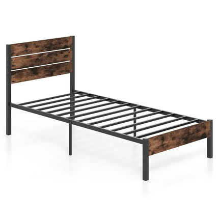 Full/King/Queen/Twin Size Bed Frame with High Headboard and Mute Bar-Twin Size - Rustic Brown - Simple Bed Frame