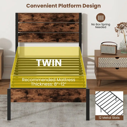 Full/King/Queen/Twin Size Bed Frame with High Headboard and Mute Bar-Twin Size - Rustic Brown - Simple Bed Frame