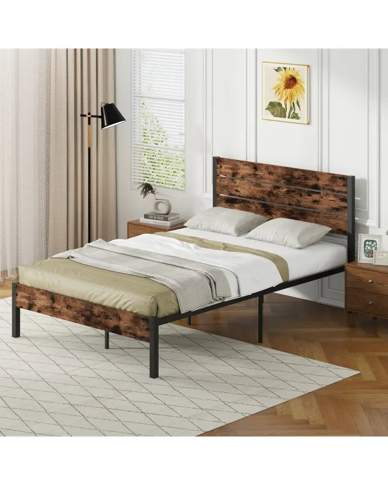 Full/King/Queen/Twin Size Bed Frame with High Headboard and Mute Bar-Full Size - Rustic Brown - Simple Bed Frame