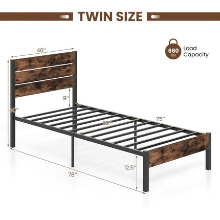 Full/King/Queen/Twin Size Bed Frame with High Headboard and Mute Bar-Twin Size - Rustic Brown - Simple Bed Frame