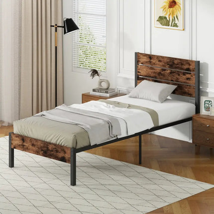 Full/King/Queen/Twin Size Bed Frame with High Headboard and Mute Bar-Twin Size - Rustic Brown - Simple Bed Frame