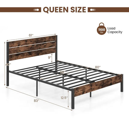 Full/King/Queen/Twin Size Bed Frame with High Headboard and Mute Bar-Queen Size - Rustic Brown - Simple Bed Frame