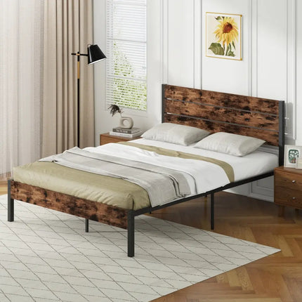 Full/King/Queen/Twin Size Bed Frame with High Headboard and Mute Bar-Queen Size - Rustic Brown - Simple Bed Frame