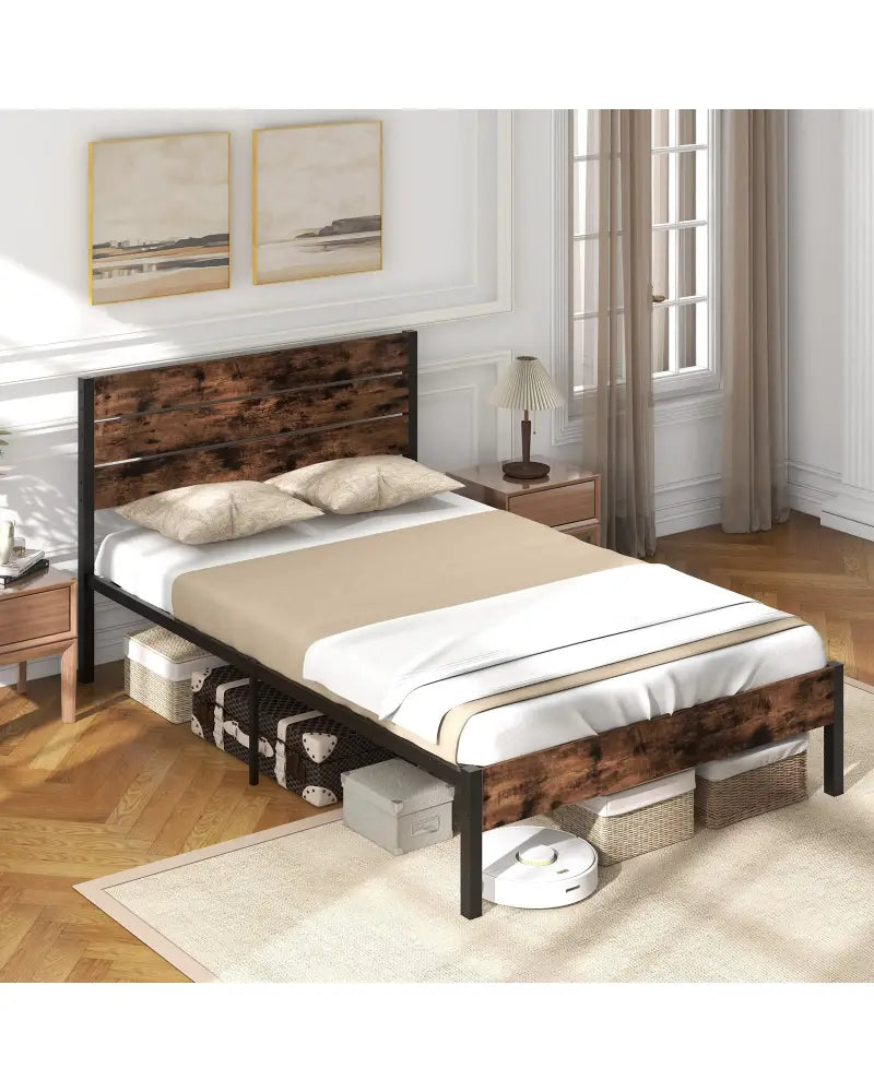 Full/King/Queen/Twin Size Bed Frame with High Headboard and Mute Bar-Full Size - Rustic Brown - Simple Bed Frame