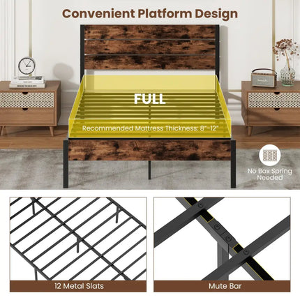 Full/King/Queen/Twin Size Bed Frame with High Headboard and Mute Bar-Full Size - Rustic Brown - Simple Bed Frame