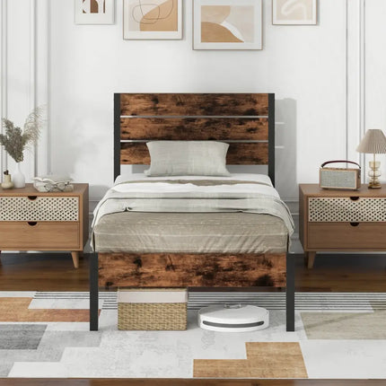 Full/King/Queen/Twin Size Bed Frame with High Headboard and Mute Bar-Twin Size - Rustic Brown - Simple Bed Frame