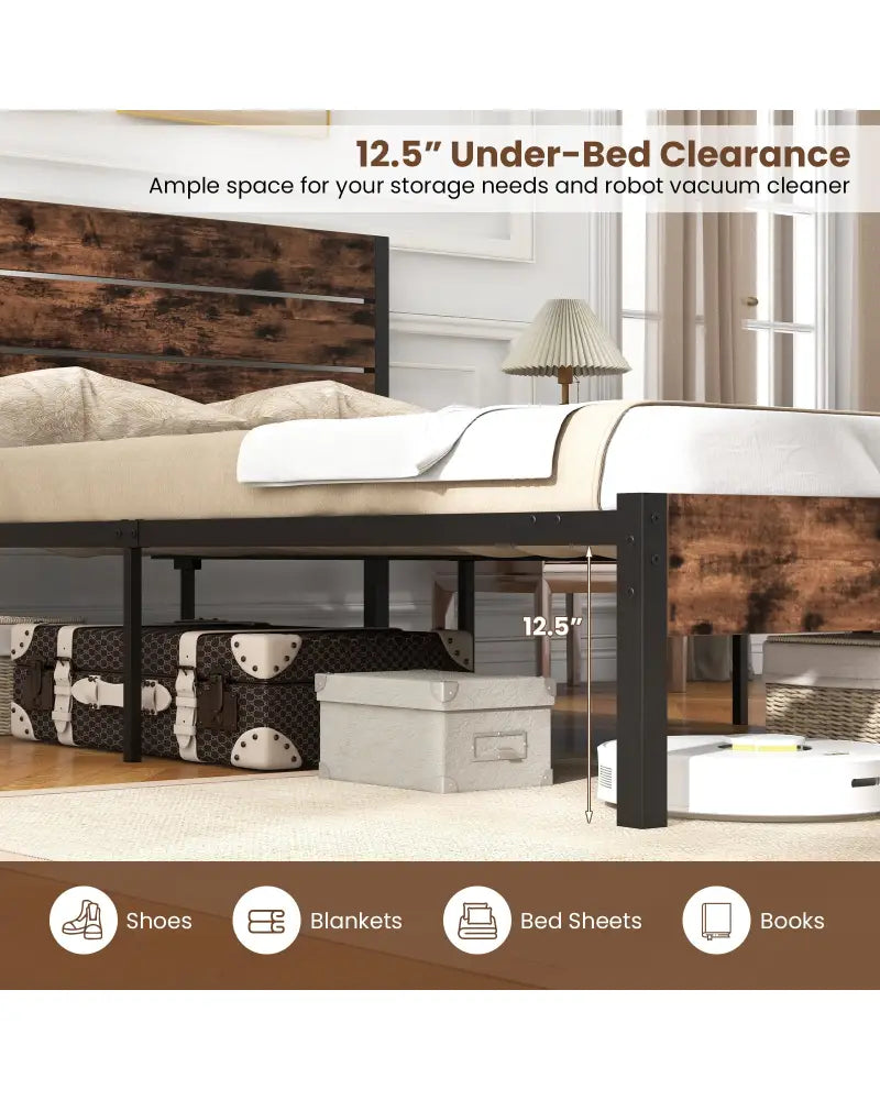 Full/King/Queen/Twin Size Bed Frame with High Headboard and Mute Bar-Queen Size - Rustic Brown - Simple Bed Frame