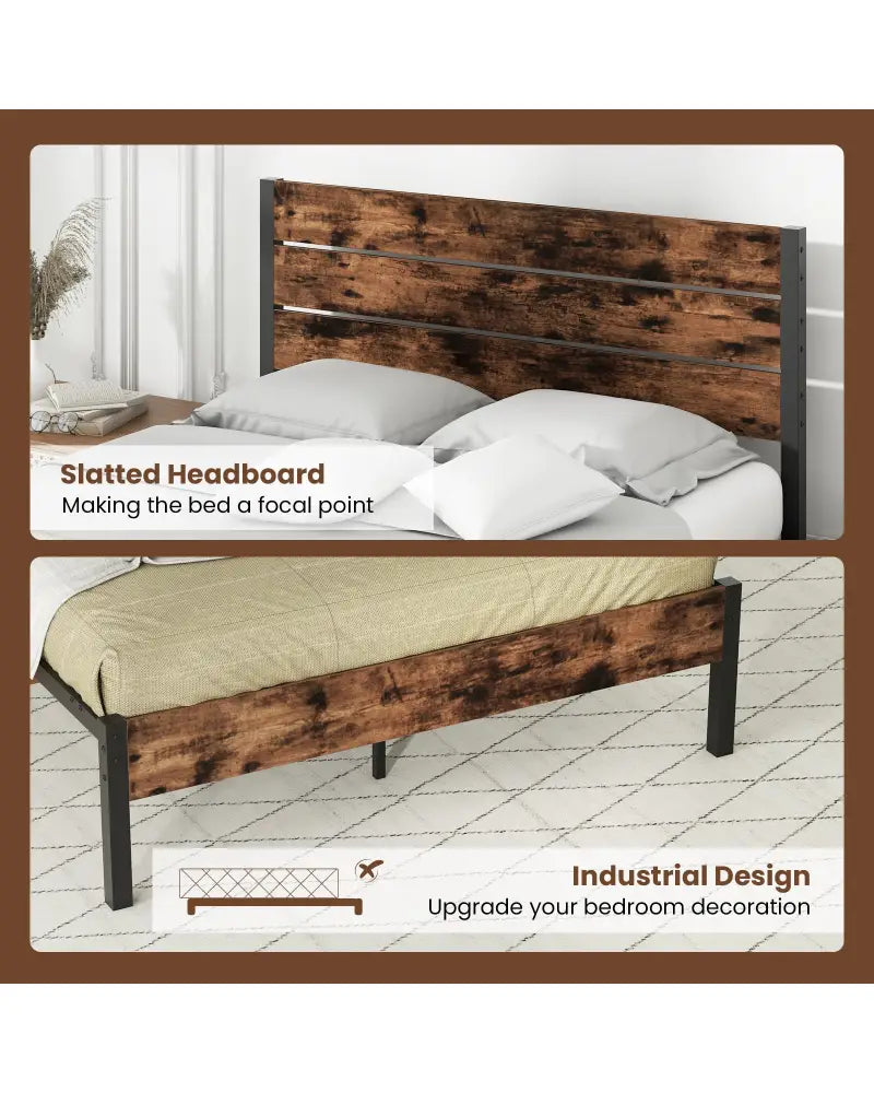 Full/King/Queen/Twin Size Bed Frame with High Headboard and Mute Bar-Full Size - Rustic Brown - Simple Bed Frame