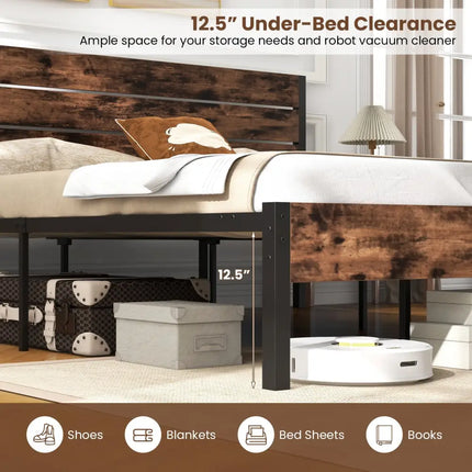 Full/King/Queen/Twin Size Bed Frame with High Headboard and Mute Bar-King Size - Rustic Brown - Simple Bed Frame