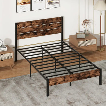 Full/King/Queen/Twin Size Bed Frame with High Headboard and Mute Bar-Full Size - Rustic Brown - Simple Bed Frame