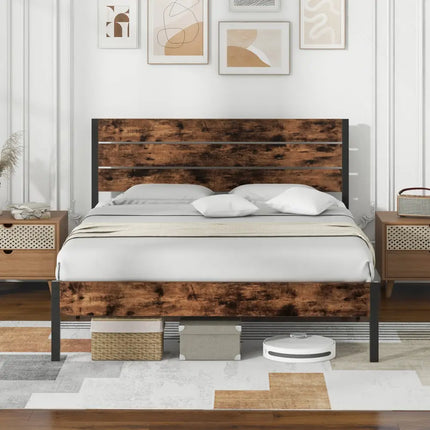 Full/King/Queen/Twin Size Bed Frame with High Headboard and Mute Bar-Queen Size - Rustic Brown - Simple Bed Frame