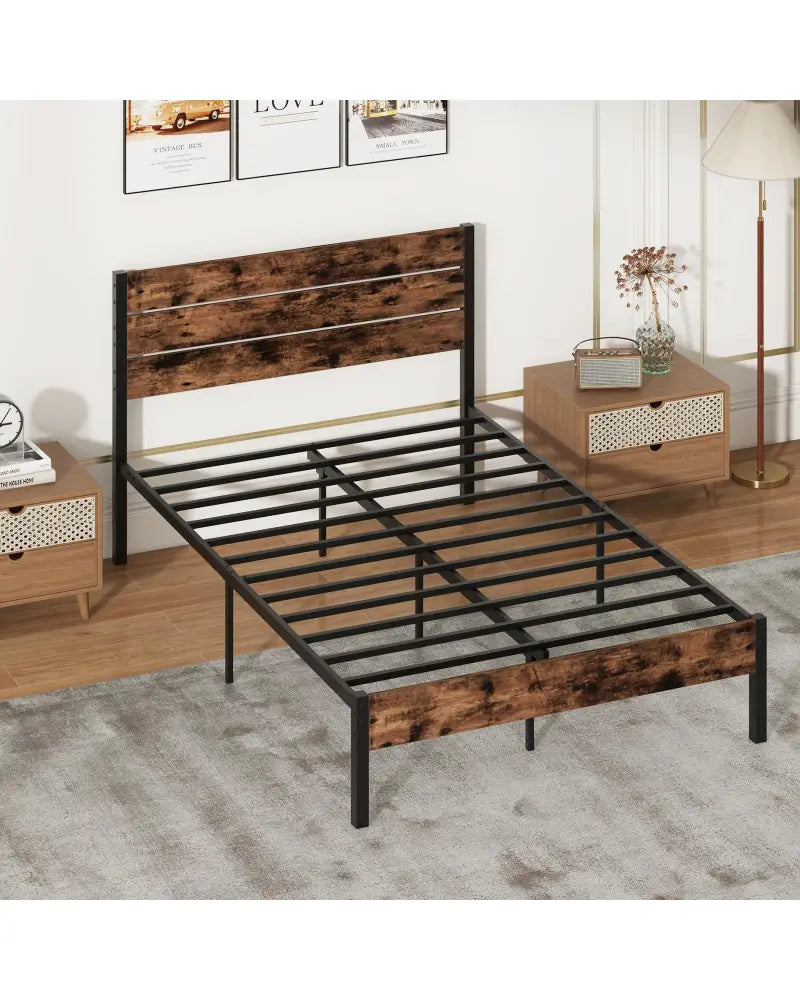 Full/King/Queen/Twin Size Bed Frame with High Headboard and Mute Bar-Full Size - Rustic Brown - Simple Bed Frame