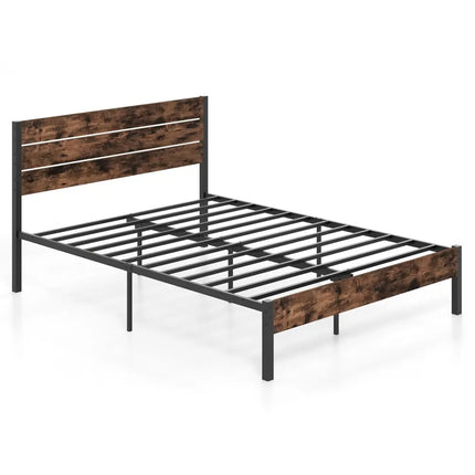 Full/King/Queen/Twin Size Bed Frame with High Headboard and Mute Bar-Queen Size - Rustic Brown - Simple Bed Frame