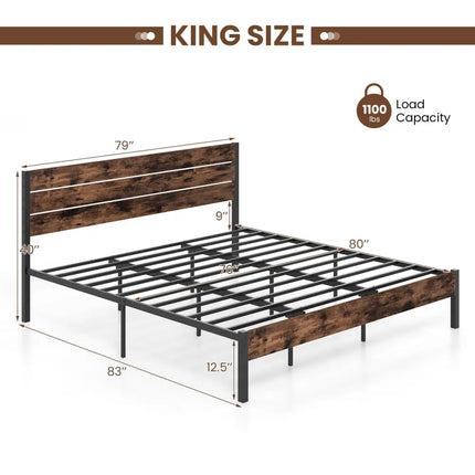 Full/King/Queen/Twin Size Bed Frame with High Headboard and Mute Bar-King Size - Rustic Brown - Simple Bed Frame