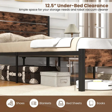 Full/King/Queen/Twin Size Bed Frame with High Headboard and Mute Bar-Queen Size - Rustic Brown - Simple Bed Frame