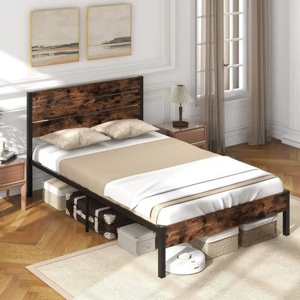 Full/King/Queen/Twin Size Bed Frame with High Headboard and Mute Bar-Full Size - Rustic Brown - Simple Bed Frame