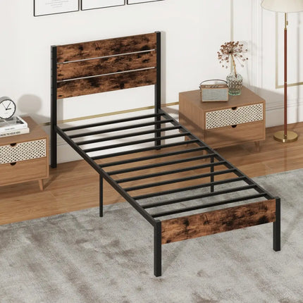 Full/King/Queen/Twin Size Bed Frame with High Headboard and Mute Bar-Twin Size - Rustic Brown - Simple Bed Frame