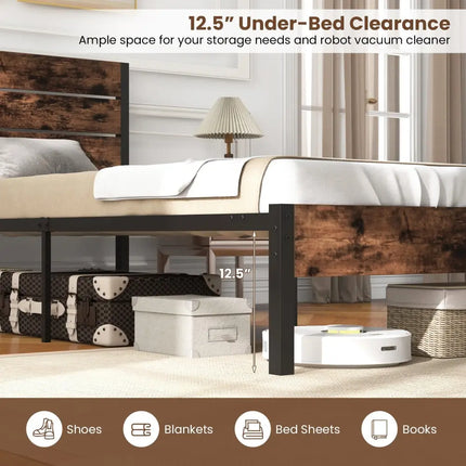 Full/King/Queen/Twin Size Bed Frame with High Headboard and Mute Bar-Twin Size - Rustic Brown - Simple Bed Frame