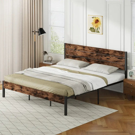 Full/King/Queen/Twin Size Bed Frame with High Headboard and Mute Bar-King Size - Rustic Brown - Simple Bed Frame
