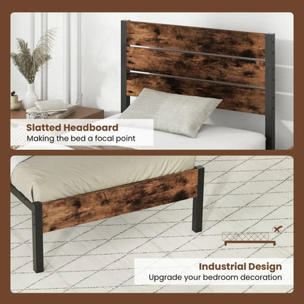Full/King/Queen/Twin Size Bed Frame with High Headboard and Mute Bar-Twin Size - Rustic Brown - Simple Bed Frame