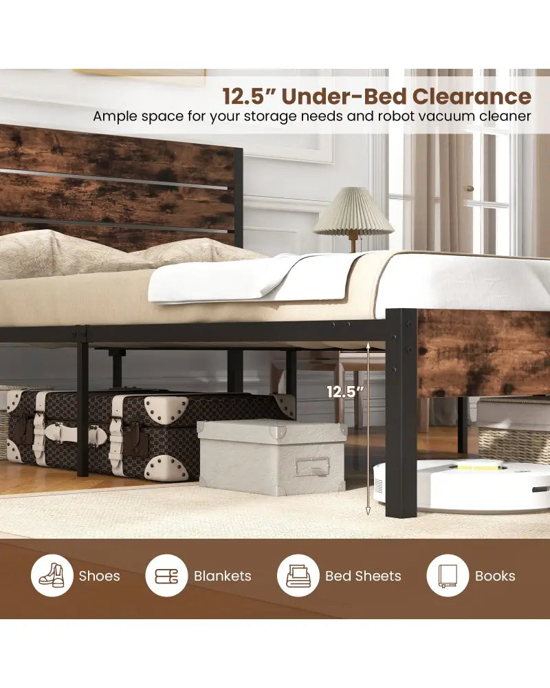 Full/King/Queen/Twin Size Bed Frame with High Headboard and Mute Bar-Full Size - Rustic Brown - Simple Bed Frame