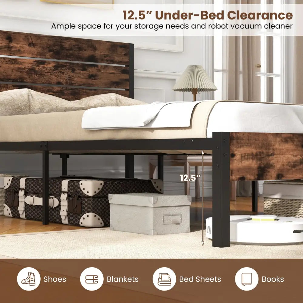 Full/King/Queen/Twin Size Bed Frame with High Headboard and Mute Bar-Full Size - Rustic Brown - Simple Bed Frame