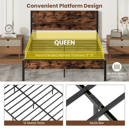 Full/King/Queen/Twin Size Bed Frame with High Headboard and Mute Bar-Queen Size - Rustic Brown - Simple Bed Frame