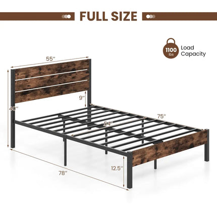 Full/King/Queen/Twin Size Bed Frame with High Headboard and Mute Bar-Full Size - Rustic Brown - Simple Bed Frame