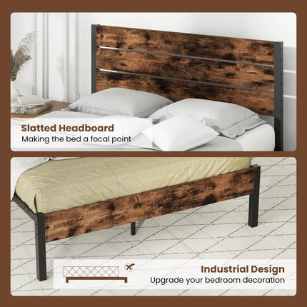 Full/King/Queen/Twin Size Bed Frame with High Headboard and Mute Bar-Full Size - Rustic Brown - Simple Bed Frame
