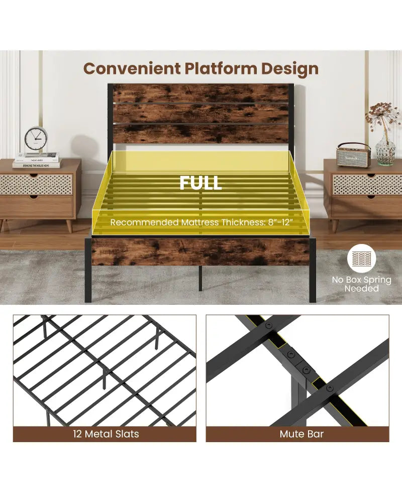 Full/King/Queen/Twin Size Bed Frame with High Headboard and Mute Bar-Full Size - Rustic Brown - Simple Bed Frame