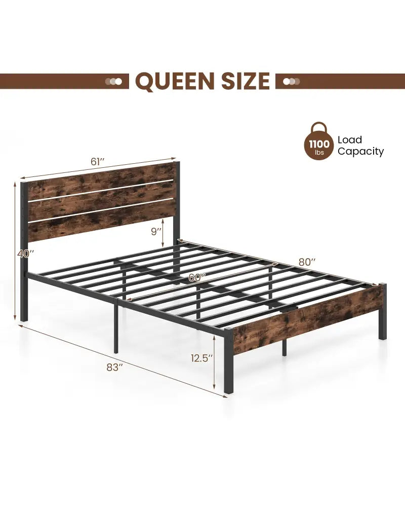 Full/King/Queen/Twin Size Bed Frame with High Headboard and Mute Bar-Queen Size - Rustic Brown - Simple Bed Frame