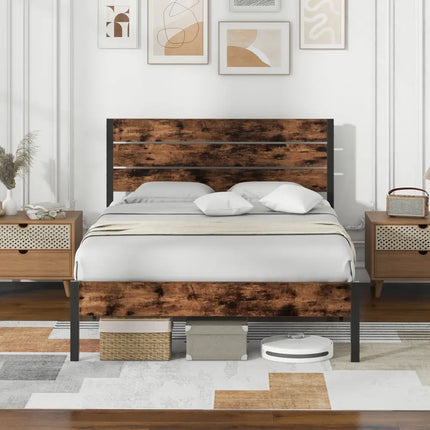 Full/King/Queen/Twin Size Bed Frame with High Headboard and Mute Bar-Full Size - Rustic Brown - Simple Bed Frame