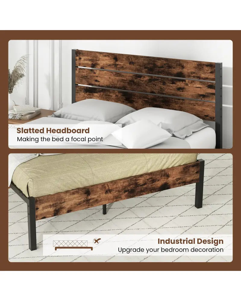 Full/King/Queen/Twin Size Bed Frame with High Headboard and Mute Bar-Queen Size - Rustic Brown - Simple Bed Frame