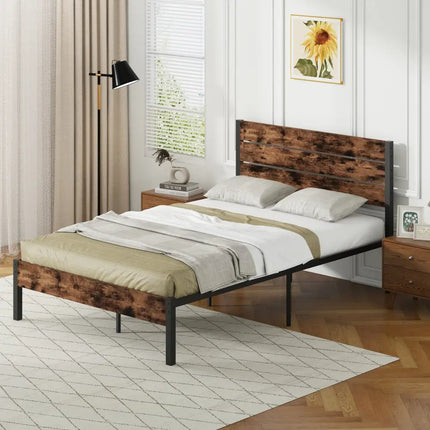 Full/King/Queen/Twin Size Bed Frame with High Headboard and Mute Bar-Full Size - Rustic Brown - Simple Bed Frame