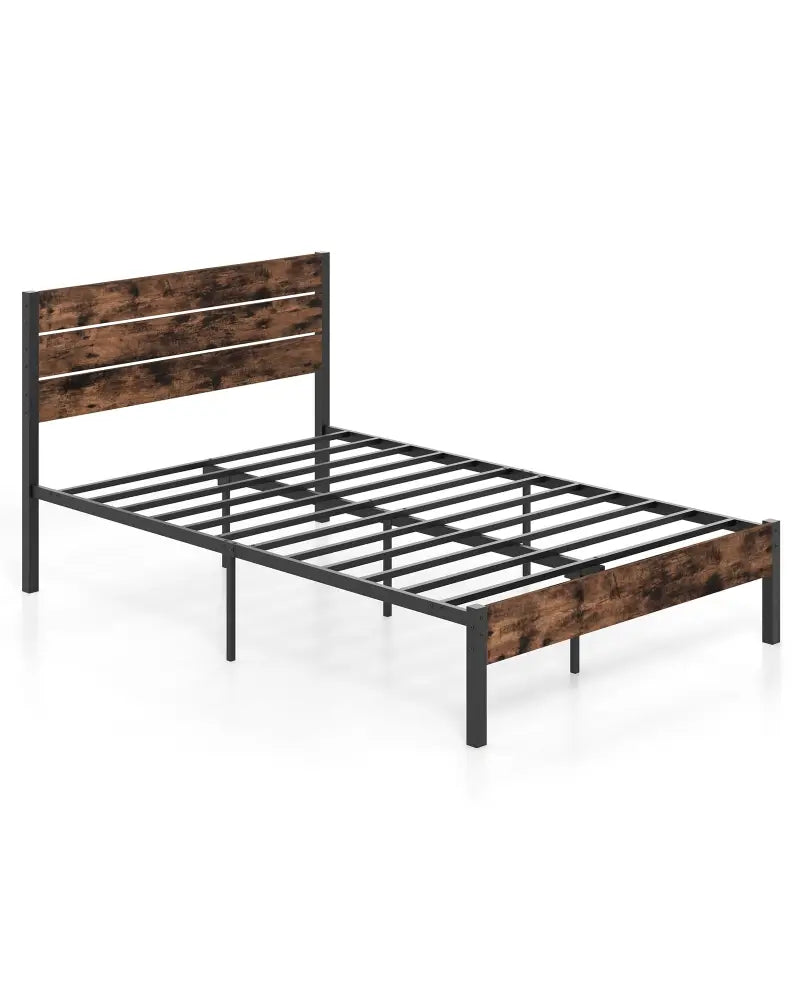 Full/King/Queen/Twin Size Bed Frame with High Headboard and Mute Bar-Full Size - Rustic Brown - Simple Bed Frame