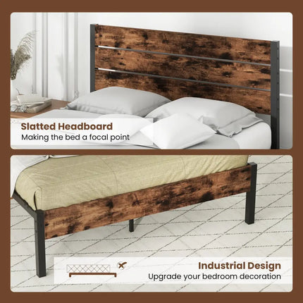 Full/King/Queen/Twin Size Bed Frame with High Headboard and Mute Bar-Queen Size - Rustic Brown - Simple Bed Frame