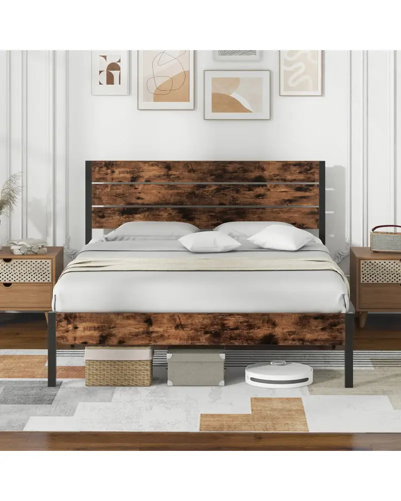 Full/King/Queen/Twin Size Bed Frame with High Headboard and Mute Bar-Queen Size - Rustic Brown - Simple Bed Frame