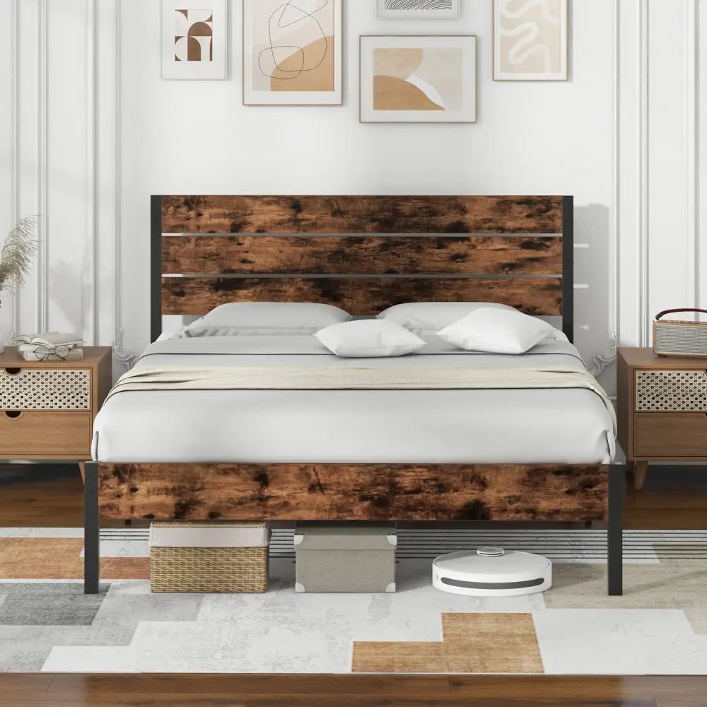 Full/King/Queen/Twin Size Bed Frame with High Headboard and Mute Bar-Queen Size - Rustic Brown - Simple Bed Frame