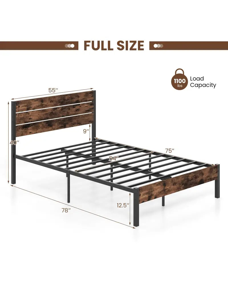 Full/King/Queen/Twin Size Bed Frame with High Headboard and Mute Bar-Full Size - Rustic Brown - Simple Bed Frame