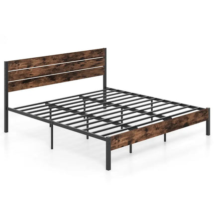 Full/King/Queen/Twin Size Bed Frame with High Headboard and Mute Bar-King Size - Rustic Brown - Simple Bed Frame