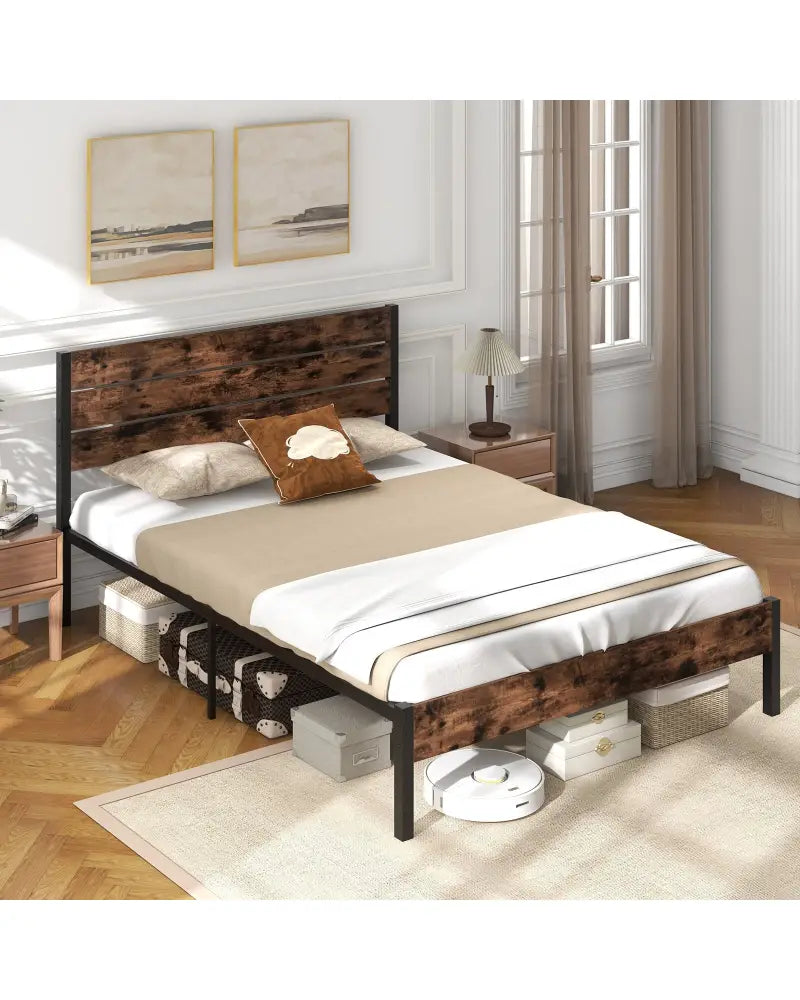 Full/King/Queen/Twin Size Bed Frame with High Headboard and Mute Bar-Queen Size - Rustic Brown - Simple Bed Frame