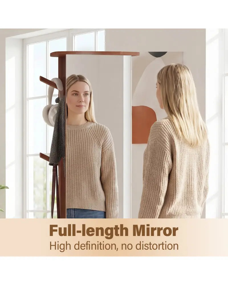 Full Length Mirror Coat Rack Solid Wood Standing Mirror-Walnut - Walnut - Coat Racks & Hall Trees