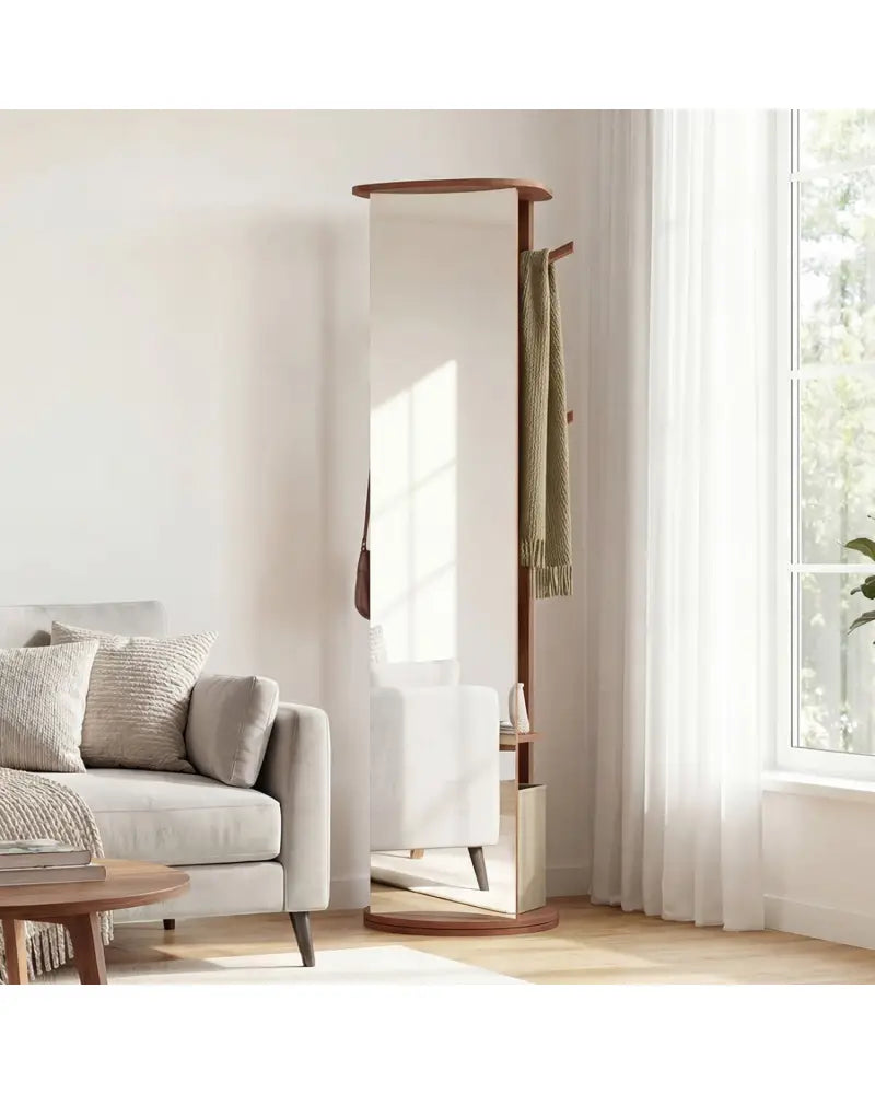 Full Length Mirror Coat Rack Solid Wood Standing Mirror-Walnut - Walnut - Coat Racks & Hall Trees