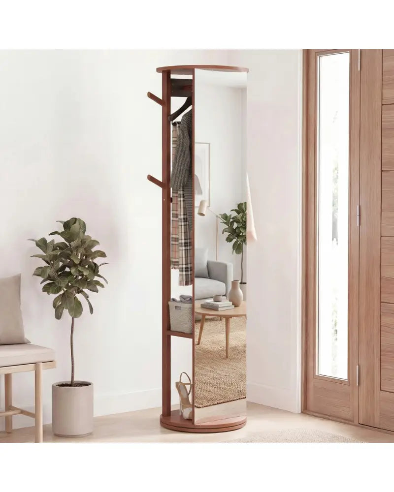Full Length Mirror Coat Rack Solid Wood Standing Mirror-Walnut - Walnut - Coat Racks & Hall Trees